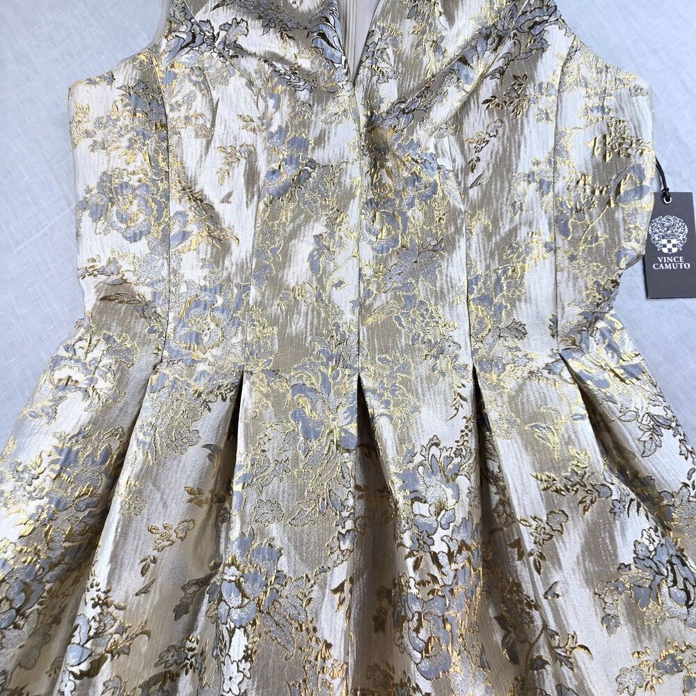 Vince Camuto Metallic Floral Jacquard Fit & Flare Dress Gold Gray 12 NWT - Picture 3 of 15